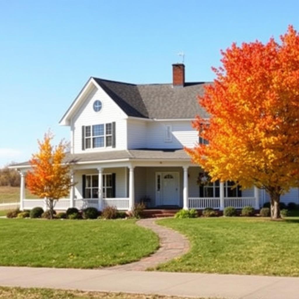 Farmhouse with crisp white gutters